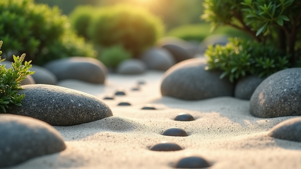 A peaceful Zen garden with rocks and gentle raked patterns