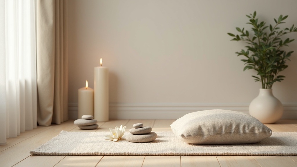 Calm minimalist meditation area with candles, stones, and a tranquil plant