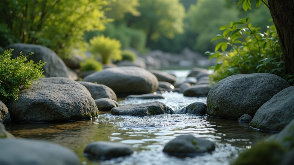 A serene zen garden with smooth stones and a gentle stream